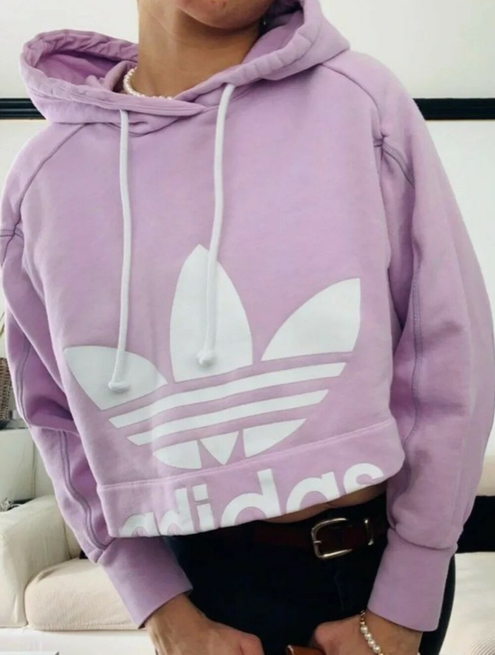 Adidas Originals Women's Small Light Lilac Cropped Tre Foil Hoodie Sweatshirt